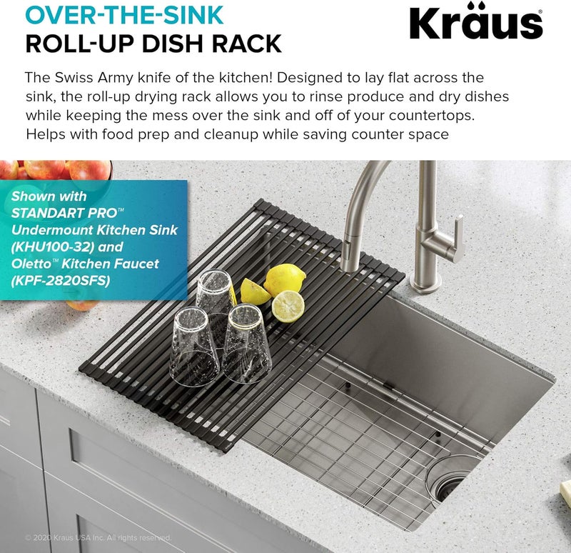 Kraus Multipurpose Over-Sink Roll-Up Dish Drying Rack, Colander and Trivet in Black, KRM-10BLACK - Image 3